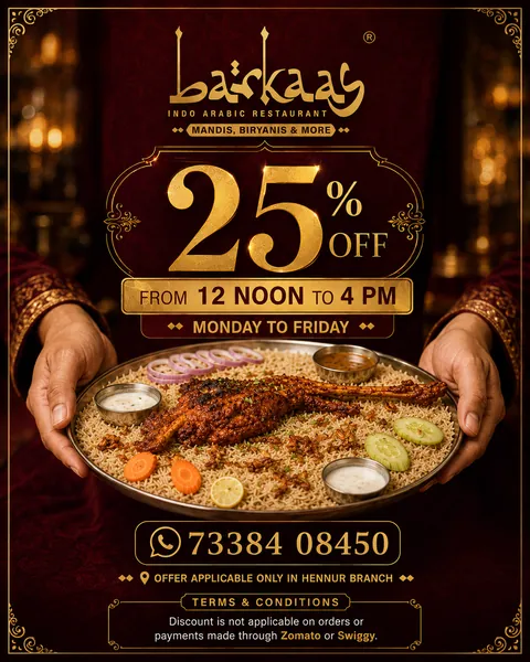 Gold and maroon weekday lunch offer for Barkaas Indo Arabic restaurant with a mandi platter