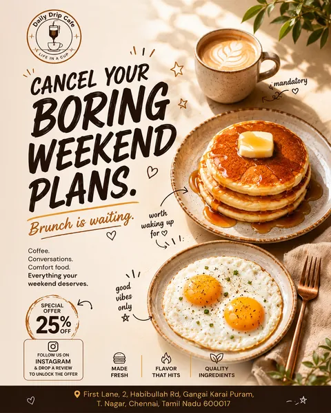 Weekend brunch offer for Daily Drip Cafe with pancakes, eggs and a latte and a 25 percent review offer