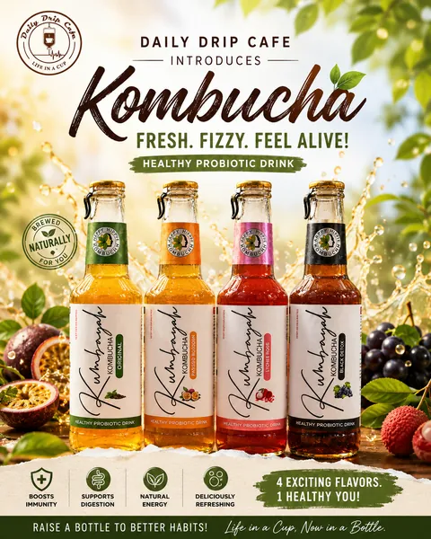 Product launch post for Daily Drip Cafe kombucha showing four flavours with fruit and splashes