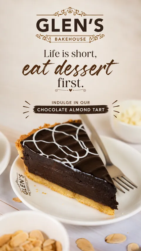 Vertical story for Glen's Bakehouse featuring a slice of chocolate almond tart