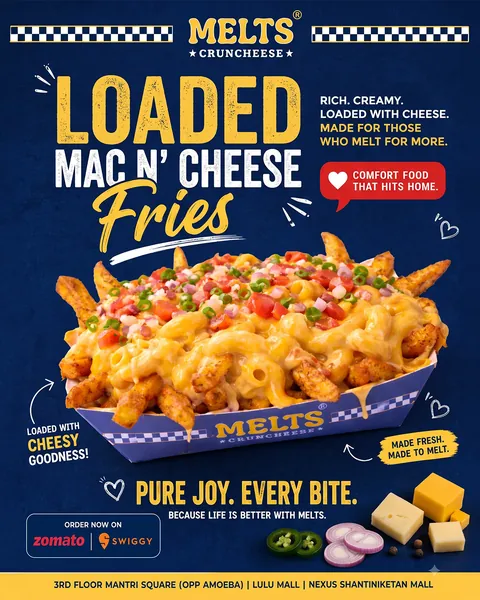 Bold navy and yellow menu promo for Melts Cruncheese loaded mac and cheese fries with delivery app badges