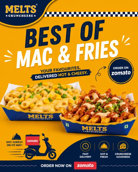 Bright yellow delivery promo for Melts Cruncheese mac and cheese and loaded fries