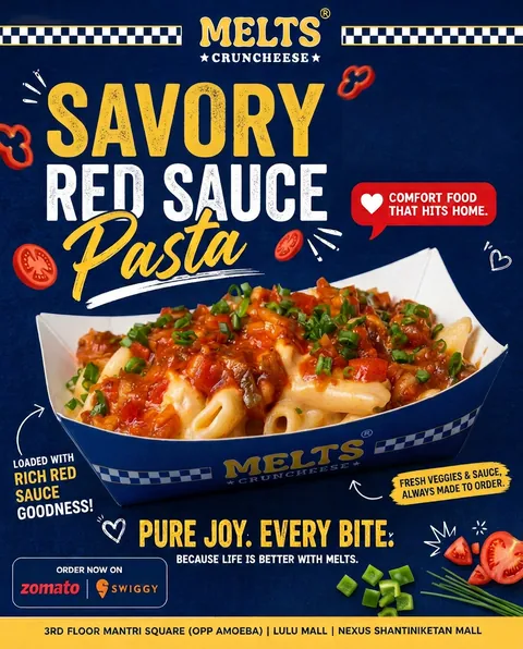 Menu promo for Melts Cruncheese savoury red sauce pasta in a branded tray