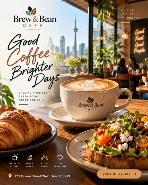 Sample concept: promo for a fictional Toronto café with latte art, a croissant and the city skyline