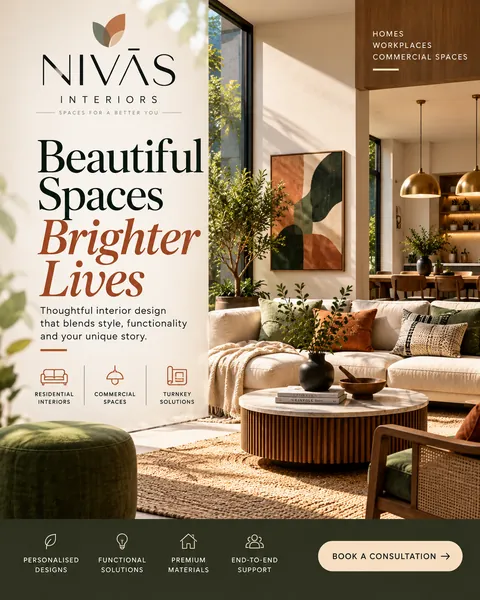 Sample concept: brand post for a fictional interior design studio with a warm modern living room