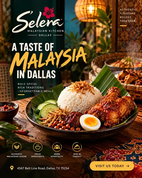 Sample concept: promo for a fictional Malaysian restaurant in Dallas featuring nasi lemak and fried chicken