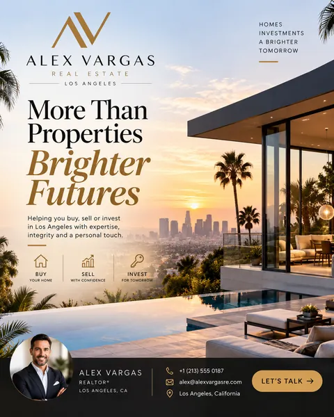 Sample concept: brand post for a fictional Los Angeles realtor with a hillside home at sunset and buy, sell and invest icons