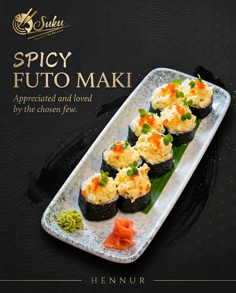 Black and gold dish feature for Suku showing spicy futo maki