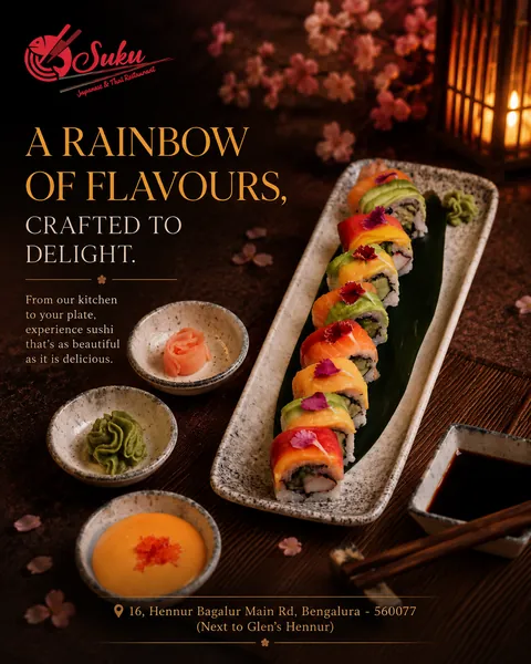 Moody dish feature for Suku Japanese and Thai restaurant showing a rainbow sushi roll by lantern light