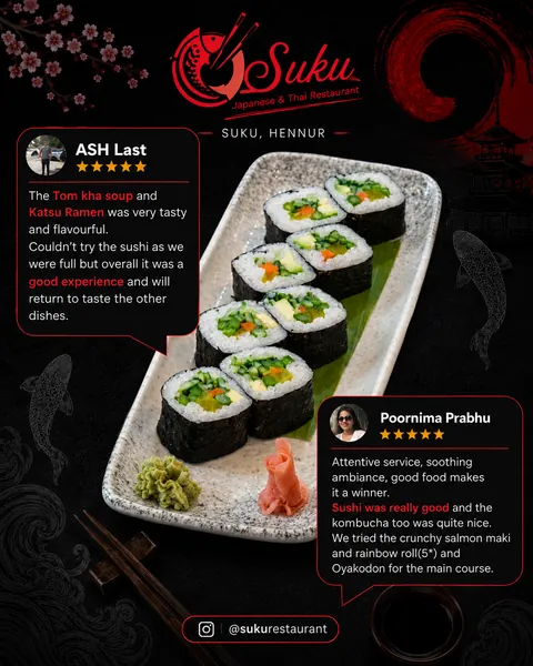 Review spotlight for Suku pairing two five-star customer reviews with a plate of vegetable maki
