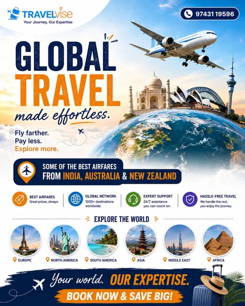 Global travel brand post for Travelvise with a plane, landmarks and best airfare highlights