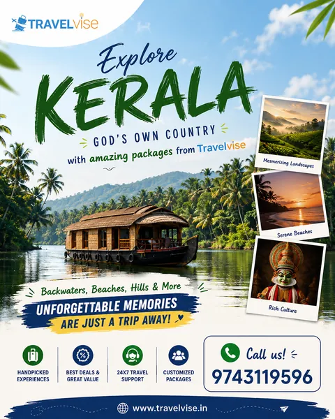 Kerala package post for Travelvise with a backwater houseboat and photos of hills, beaches and Kathakali