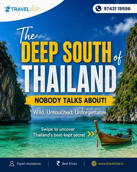 Carousel cover for Travelvise on Thailand's deep south with turquoise water and a longtail boat