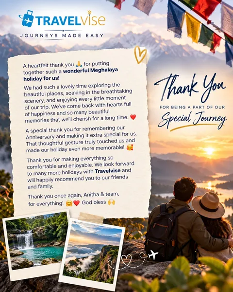 Customer thank-you note for Travelvise after a Meghalaya holiday, set on a mountain sunrise with travel snapshots