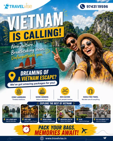 Vietnam holiday package post for Travelvise with Ha Long Bay, a happy couple and six highlight destinations