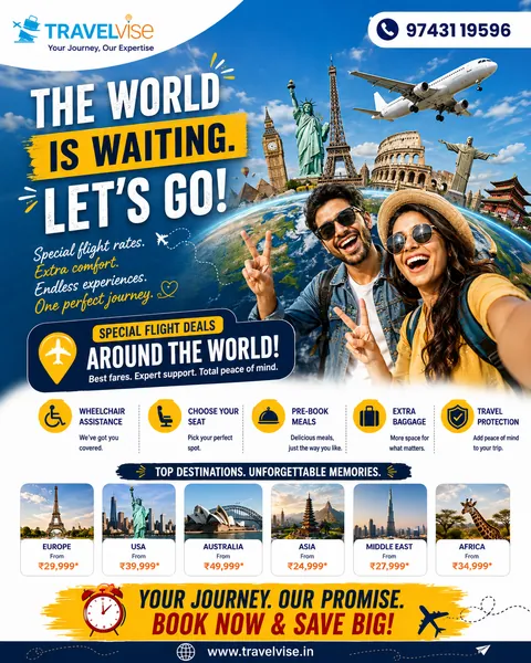 International flight deals post for Travelvise with world landmarks, travel extras and destination prices